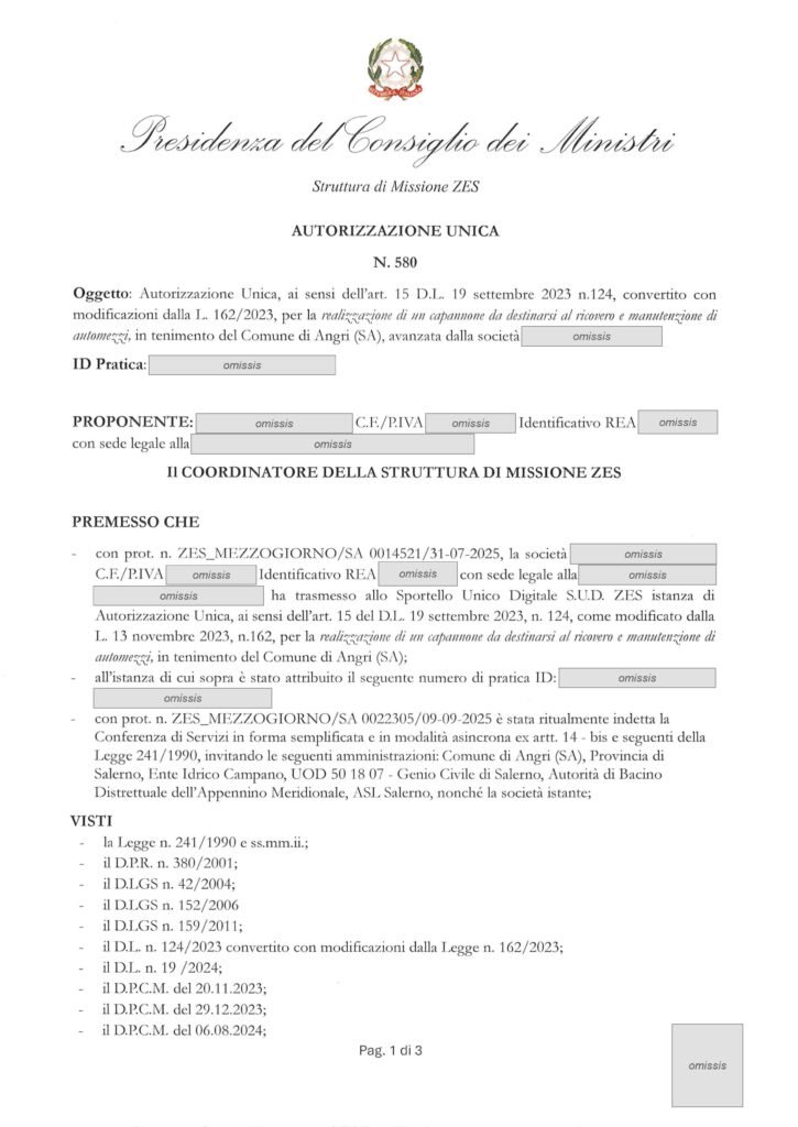 Autorizzazione Unica ZES n. 580, Angri (SA): pagina 1 di 3, copia con i dati del cliente coperti