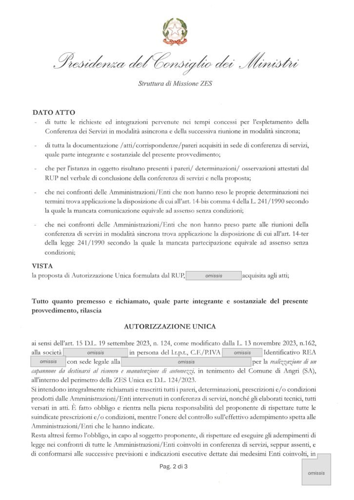 Autorizzazione Unica ZES n. 580: pagina 2 di 3, il rilascio