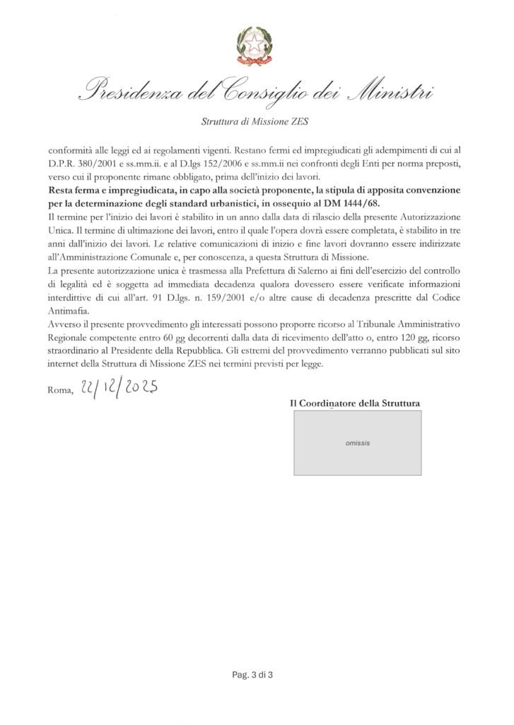 Autorizzazione Unica ZES n. 580: pagina 3 di 3, termini dei lavori e data di rilascio 22/12/2025
